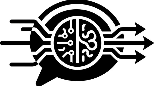 Artificial intelligence brain icon with data processing flow isolated on white background