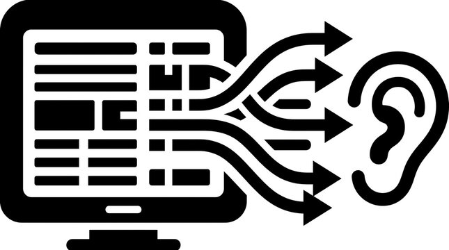 Monochrome screen reader icon representing digital text to speech accessibility technology