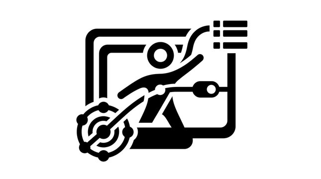 Black digital accessibility icon featuring a person interacting with a screen interface