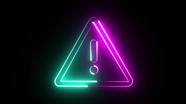 Neon warning sign animation: glowing exclamation mark triangle symbol for digital alerts and cyber security