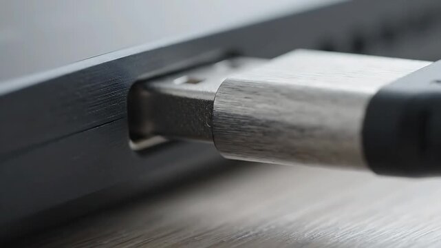 Usb Drive Smoothly Inserting Into a Computer Port, Showcasing a Seamless Data Transfer Animation. Modern Technology Concept.