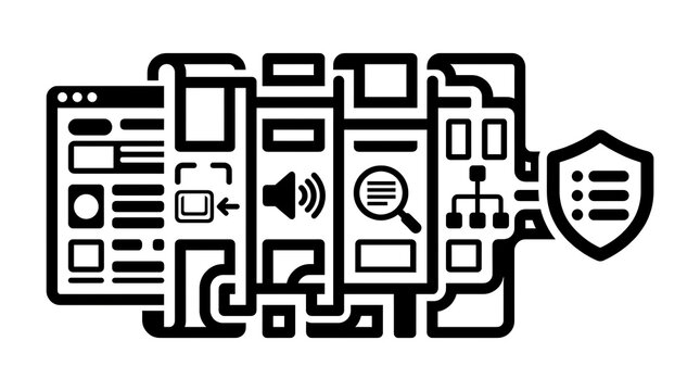 Digital accessibility icon set featuring web interface elements and security shield isolated on white background