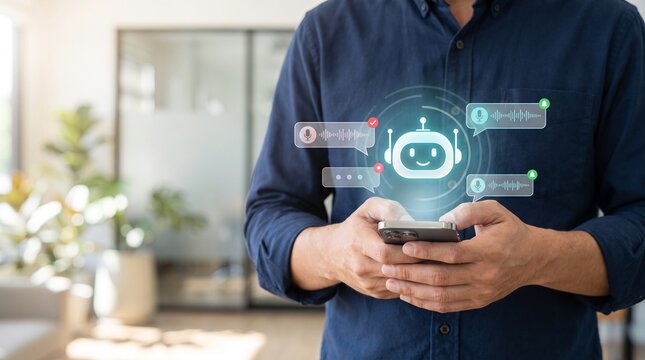 Person interacting with holographic AI agent chatbot interface on smartphone AI agent AI chatbot artificial intelligence customer support user experience automated system mobile device