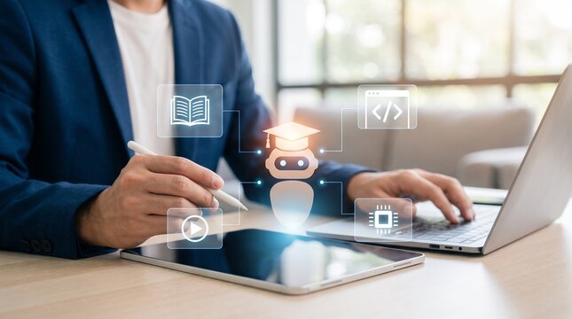Professional using AI chatbot for programming and documentation assistance on tablet with AI chatbot coding assistant programming help artificial intelligence development digital tutor