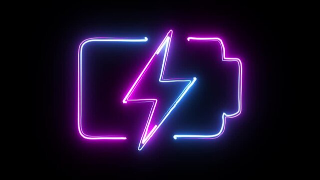 Neon battery charging icon animation with glowing electric lightning bolt symbol for energy and power concepts