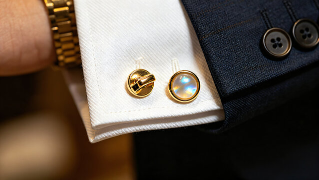 Close-up of luxurious gold round mother of pearl cufflinks on crisp white french cuff shirt paired with navy suit and gold wristwatch for elegant formal menswear.