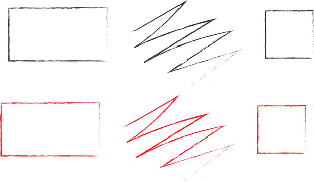 A collection of hand-drawn geometric shapes including rectangles, squares, and zigzag lines in black and red ink on a plain white background surface