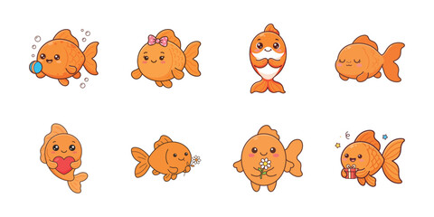 Obraz premium Set of cute cartoon goldfish characters in various poses and expressions for kids design