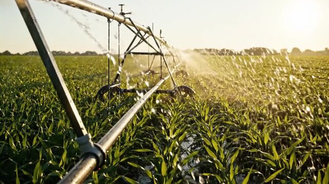 Pivot irrigation system spraying corn under golden sunrise, closeup lowangle view of metal pivot arm delivering water droplets across lush green rows, mist catching sunlight, sustainable mechanized.