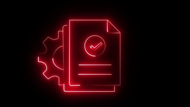 Neon glowing document with gear icon animation, digital task completion and workflow process concept