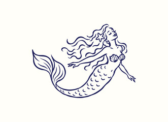 Fototapeta premium Hand Drawn Mermaid Illustration with Flowing Hair