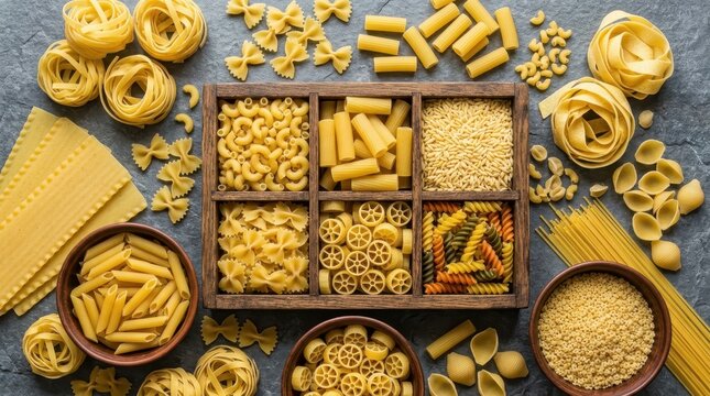 Assorted Italian Dry Pasta Collection in Wooden Box and Bowls on Dark Stone Background Flat Lay