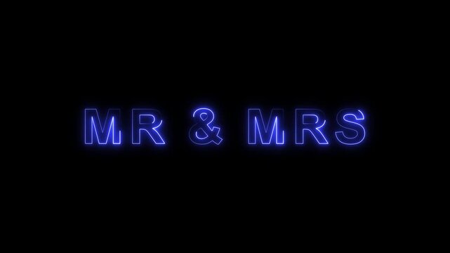 Neon mr mrs sign glowing in blue light, wedding celebration decor and romantic event background, mr and mrs