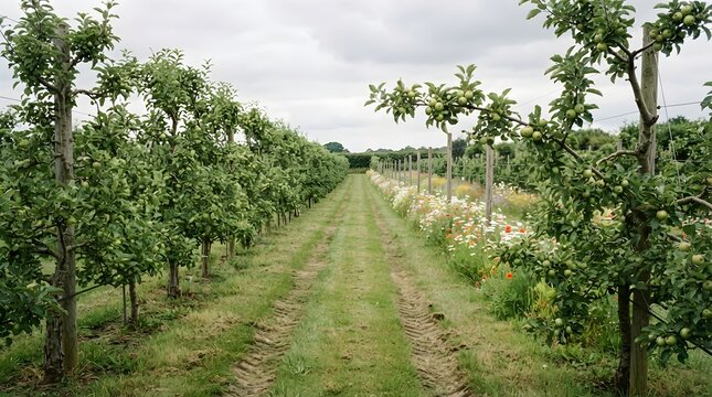 Organic green apple orchard rows with vibrant wildflower strip promoting natural biodiversity.