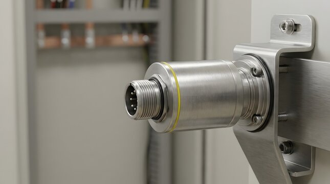 Industrial metallic sensor mounted on a steel bracket