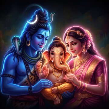 Ganesha Family &ndash; Shiva Parvati and Ganesha in Glowing Devotional Art.