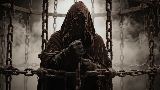 Dark hooded figure standing behind heavy iron chains.