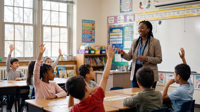 A smiling teacher enthusiastically interacts with her diverse group of elementary school students, who eagerly raise their hands to answer.