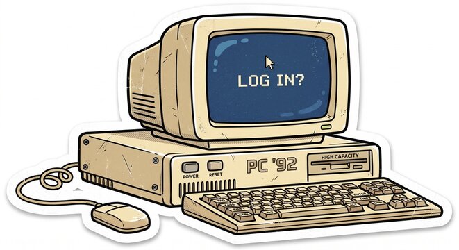 Retro 90s desktop computer illustration with "Log In?" screen and sticker outline.