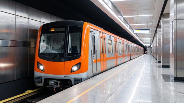 Modern orange and silver subway train arrive at bright underground station with reflective floor and empty platform