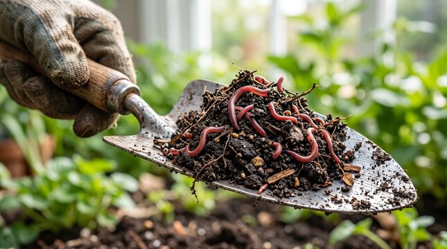 Macro close-up of garden trowel holding compost with red worms indoors near window