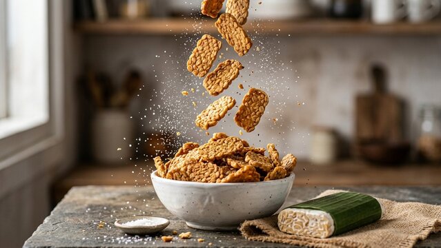 Crispy tempeh chips pouring into bowl