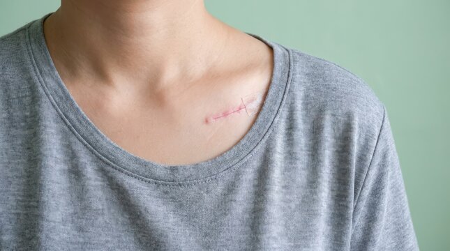 Person with a healing surgical scar on chest