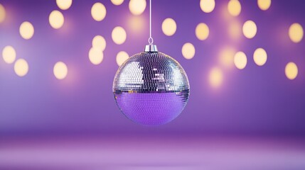 Fototapeta premium A dazzling disco ball reflects vibrant purple and yellow rays, capturing the energetic essence of a lively dance floor at night