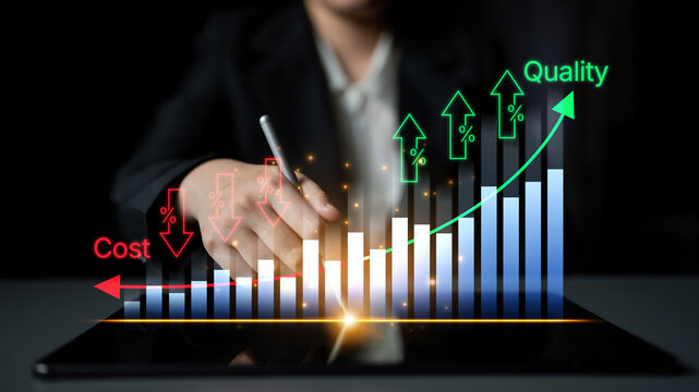 Business Analysis Concept with Graph Showing Increase in Quality and Decrease in Cost, Focus on Profit and Performance Improvement Strategies. Bitwise.