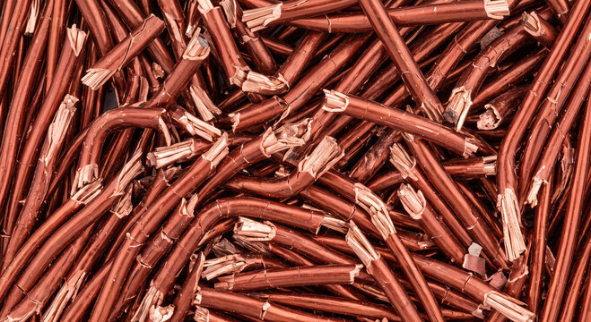 Fractured section of enamel coated copper wire showing broken metal core and shell