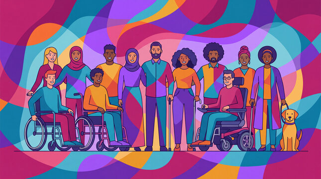 A diverse group of people, including those with disabilities, different ethnicities, and cultures, stand together against a colorful abstract background.