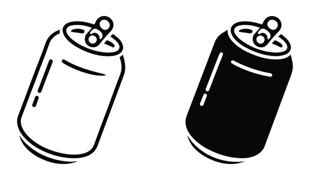 Soda can vector icon set featuring line art and filled aluminum drink containers with pull tab for beverage packaging, refreshment, and soft drink design.