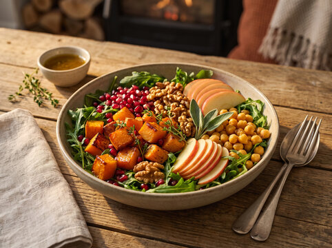 A vibrant autumn harvest salad with roasted squash, apples, walnuts, and pomegranate seeds in a ceramic bowl for seasonal dining