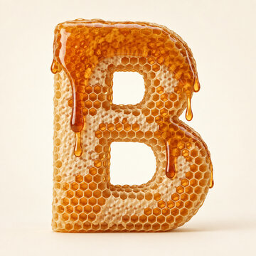 Three dimensional capital letter B textured like honeycomb with golden honey dripping down, isolated on a soft cream background.