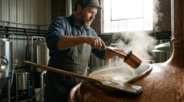 Brewmaster working with copper kettle and steam in brewery