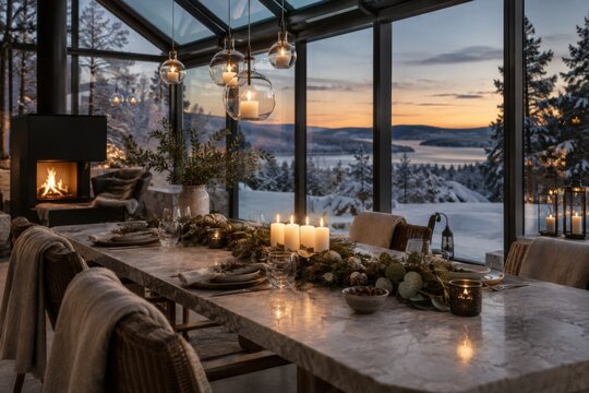 Elegante Adventstafel mit Kerzen, Naturdekoration und Blick auf eine verschneite Landschaft bei Sonnenuntergang. Der Kamin schafft eine gem&uuml;tliche Stimmung f&uuml;r festliche Abende.