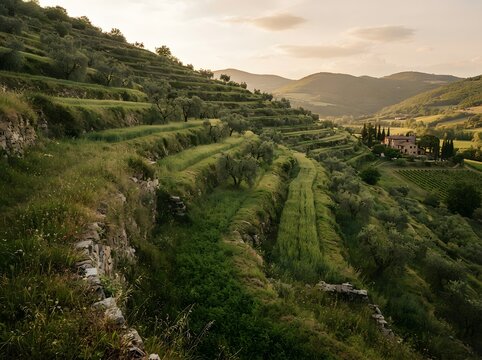 Picturesque terraced landscape with olive trees and stone walls under golden evening sunlight sky.