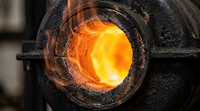 Close up of a furnace interior with intense flames