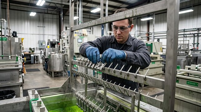 Worker in safety glasses and gloves at industrial plating facility