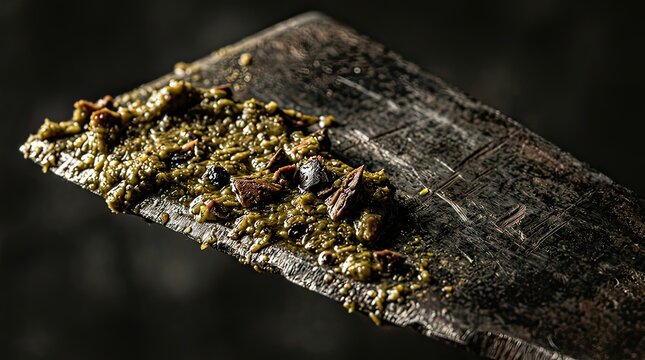 Close up of food paste on a rustic metal spatula