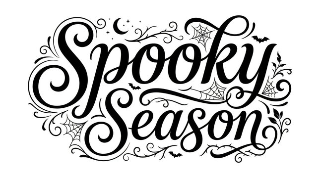 Decorative hand lettered spooky season text design with intricate flourishes isolated on a plain white background