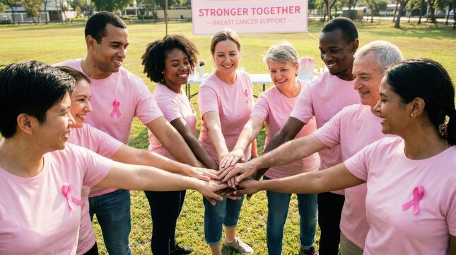 Diverse group of people supporting breast cancer awareness