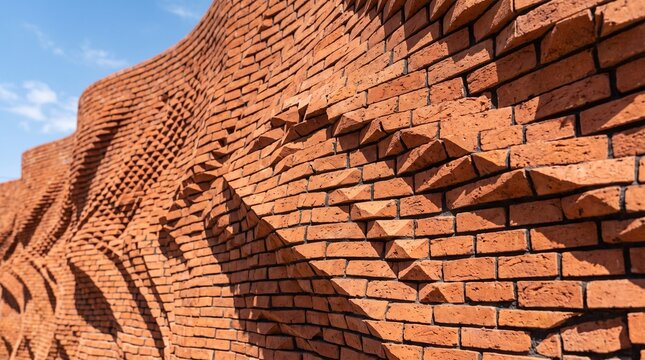 Architectural close up of a modern wavy parametric red brick wall under sunlight