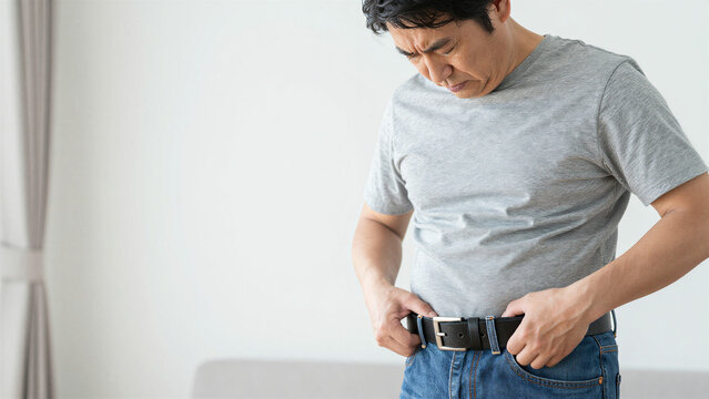 Japanese Middle Aged Man Struggling to Fasten Tight Belt After Weight Gain, Diet and Obesity Concept, 4K, Copy space on the left, Close up shot