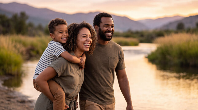 A joyful African American family walks by a tranquil river at sunset, with the mother giving her son a piggyback ride.