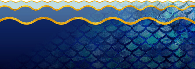 Abstract Ocean Waves and Fish Scales Background with Luxury Gold Foil Trim in Deep Blue and Teal Tones © Boutique canvas