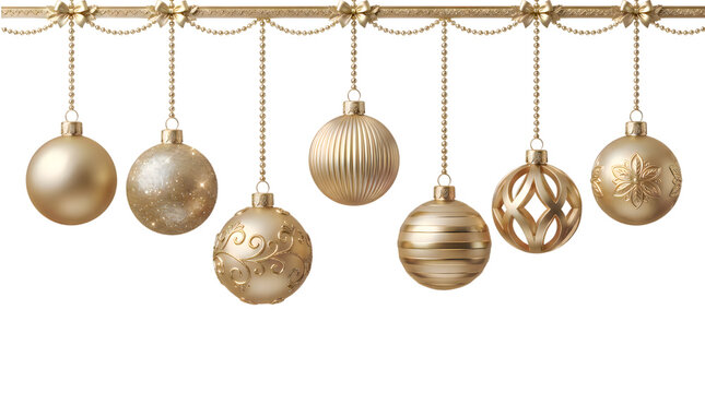 Set of golden christmas baubles hanging on a string for holiday decoration