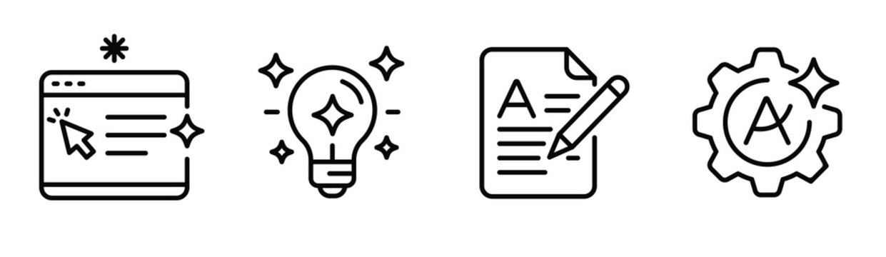 Content generation and text optimization linear icon set depicting smart writing assistant tool. Editable stroke illustration.
