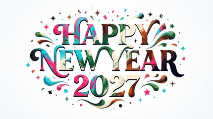 Fototapeta premium Colorful Happy New Year 2027 Text Design with Decorative Alphabet Letters, Festive Celebration Typography, Greeting Card and Party Vector Illustration