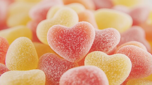 A vibrant array of colorful heart-shaped gummies and sugar-coated fruit jellies captures a sweet moment of joy and indulgence
